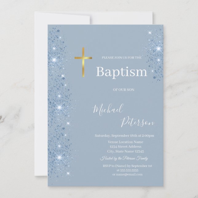 Elegant Gold Cross Baptism Dusty Blue Glitter  Invitation (Front)