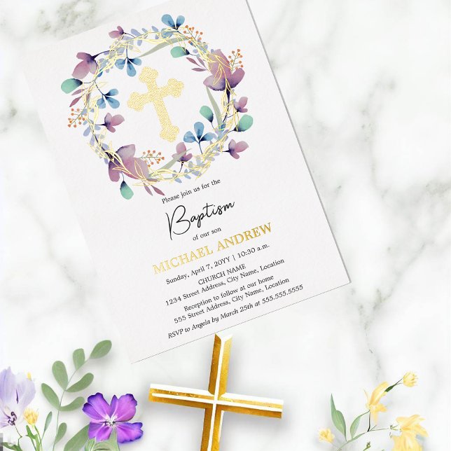 Elegant Gold Cross Baptism Floral (Elegant floral wreath, with real gold foil cross and name, baptism invitation.)