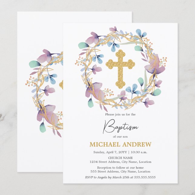 Elegant Gold Cross Baptism Floral Invitation (Front/Back)