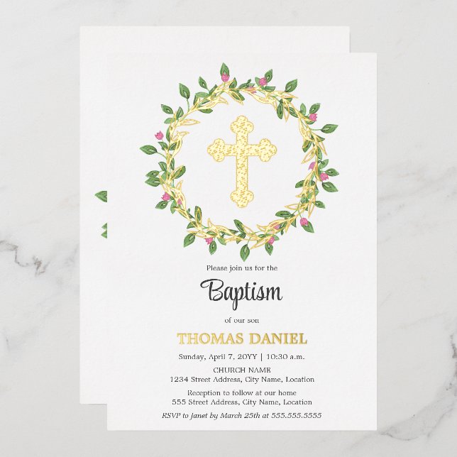 Elegant Gold Cross Baptism Floral Wreath (Front/Back)