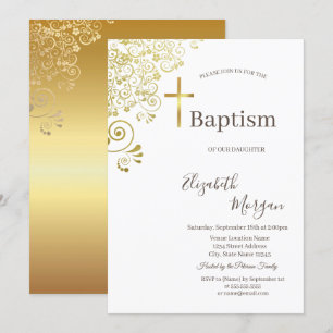 Elegant Gold Cross Baptism Gold Floral Lace Invitation