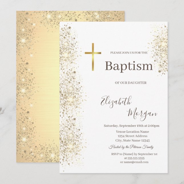 Elegant Gold Cross Baptism Gold Glitter Confetti Invitation (Front/Back)