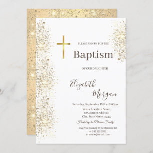 Elegant Gold Cross Baptism Gold Glitter Confetti Invitation
