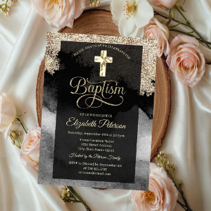 Elegant Gold Cross Baptism Invitation