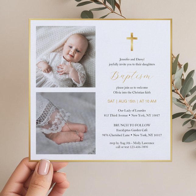 Elegant Gold Cross Baptism | Modern Script Invitation (Photo Baptism Invitation )