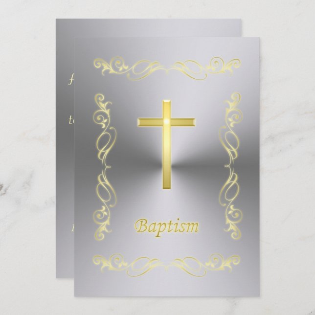 Elegant Gold Cross Baptism on metal background Inv Invitation (Front/Back)
