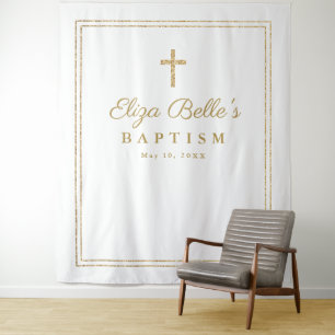 Elegant Gold Cross Baptism Photo Booth Backdrop Tapestry
