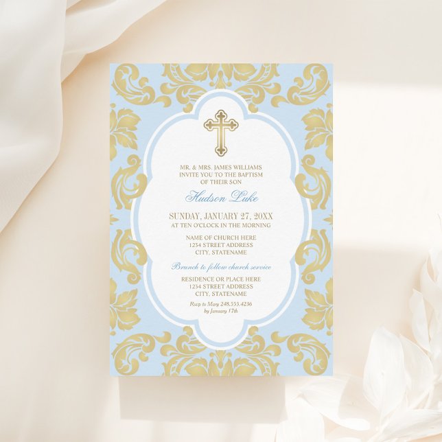Elegant Gold Cross Blue Damask Baby Boy Baptism Invitation (Creator Uploaded)