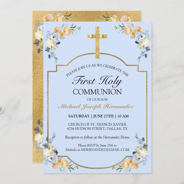 Elegant Gold Cross Blue Floral 1st Holy Communion Invitation (Front/Back)