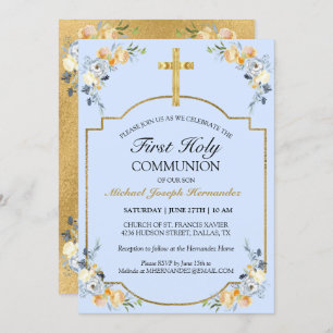 Elegant Gold Cross Blue Floral 1st Holy Communion Invitation