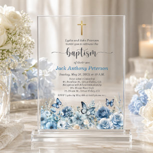 Elegant Gold Cross Blue Floral Baptism Acrylic Invitations