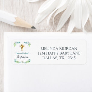 Elegant Gold Cross Blue Floral Baptism Address