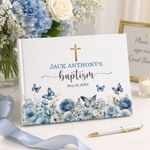 Elegant Gold Cross Blue Floral Baptism Guest Book