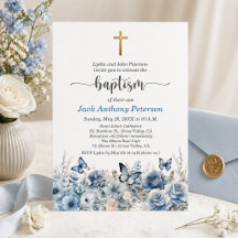 Elegant Gold Cross Blue Floral Baptism