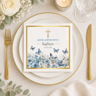 Elegant Gold Cross Blue Floral Baptism Napkin