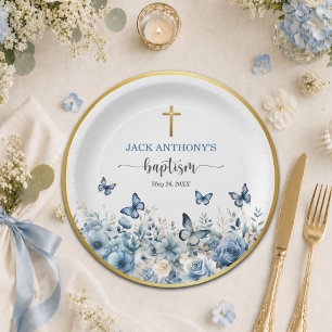 Elegant Gold Cross Blue Floral Baptism Paper Plate
