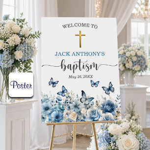 Elegant Gold Cross Blue Floral Baptism Welcome Poster