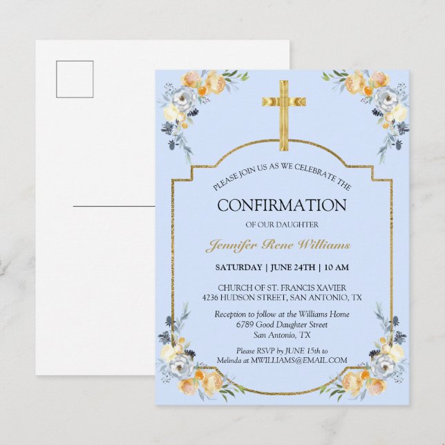Elegant Gold Cross Blue Floral Confirmation Invita Invitation Postcard (Front/Back)
