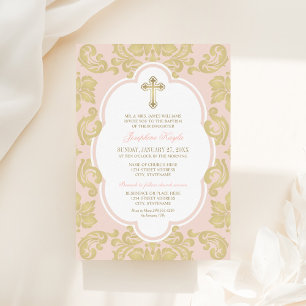 Elegant Gold Cross Blush Damask Baby Girl Baptism Invitation