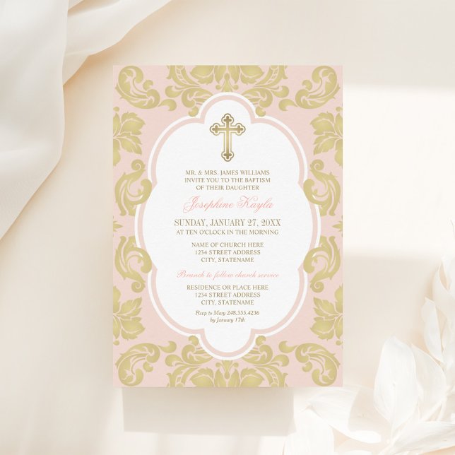 Elegant Gold Cross Blush Damask Baby Girl Baptism Invitation (Creator Uploaded)