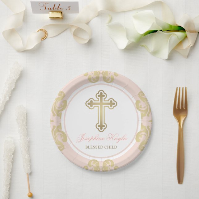 Elegant Gold Cross Blush Damask Girl Baptism Paper Plate (Wedding)