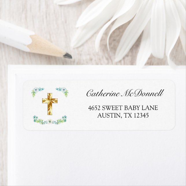 Elegant Gold Cross Boy Baptism Return Address (Insitu)