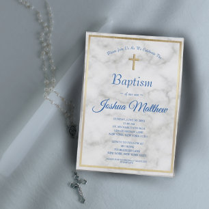 Elegant Gold Cross Boy Blue White Marble Baptism Invitation