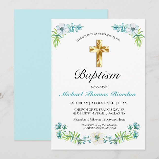 Elegant Gold Cross Boy's Blue Baptism Invitation (Front/Back)