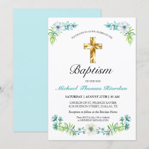 Elegant Gold Cross Boy's Blue Baptism Invitation