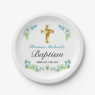 Elegant Gold Cross Boy's Blue Baptism Paper Plate