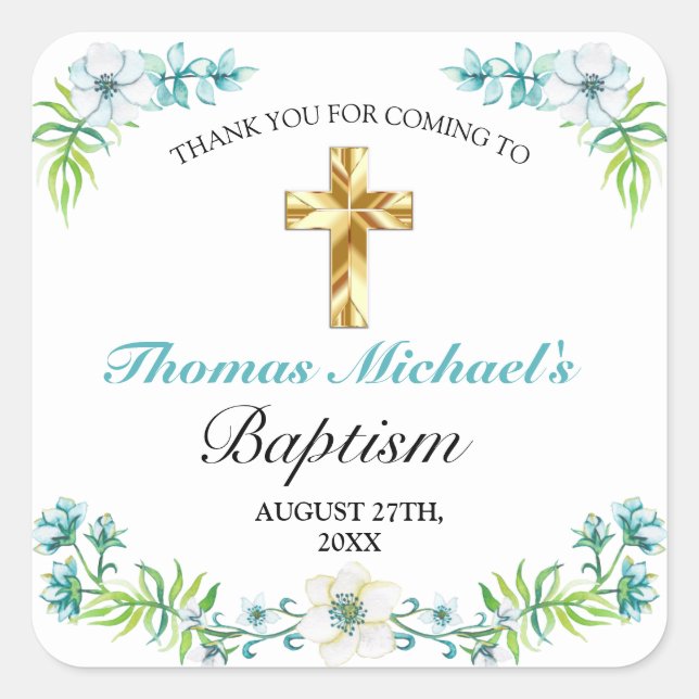 Elegant Gold Cross Boy's Blue Baptism Thank You Square Sticker (Front)