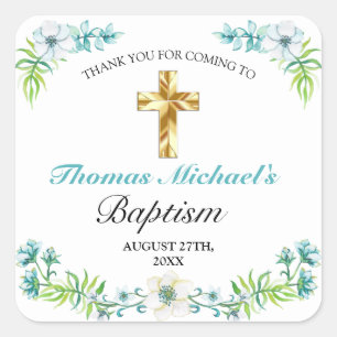 Elegant Gold Cross Boy's Blue Baptism Thank You Square Sticker