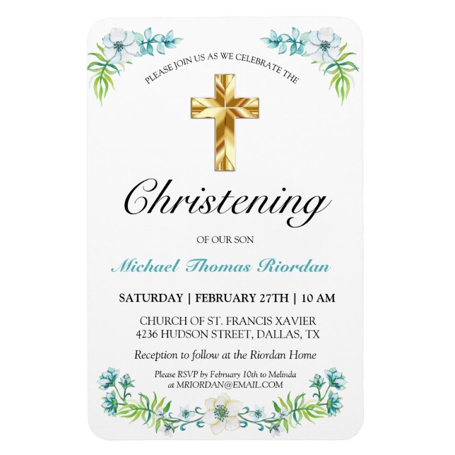 Elegant Gold Cross Boy's Blue Christening Magnet (Vertical)