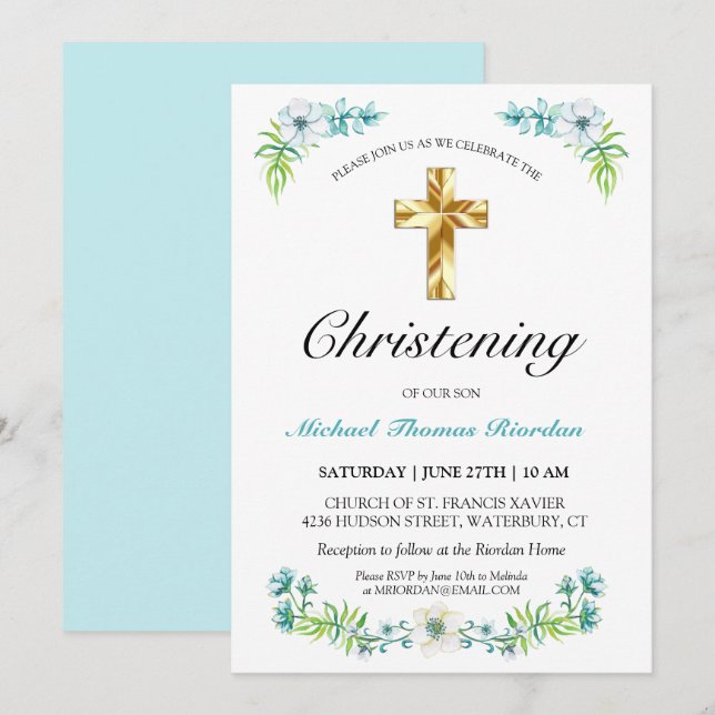 Elegant Gold Cross Boy's Blue Floral Christening  Invitation (Front/Back)