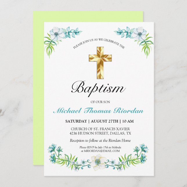 Elegant Gold Cross Boy's Green Baptism Invitation (Front/Back)