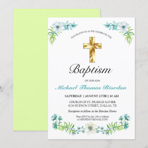 Elegant Gold Cross Boy's Green Baptism Invitation