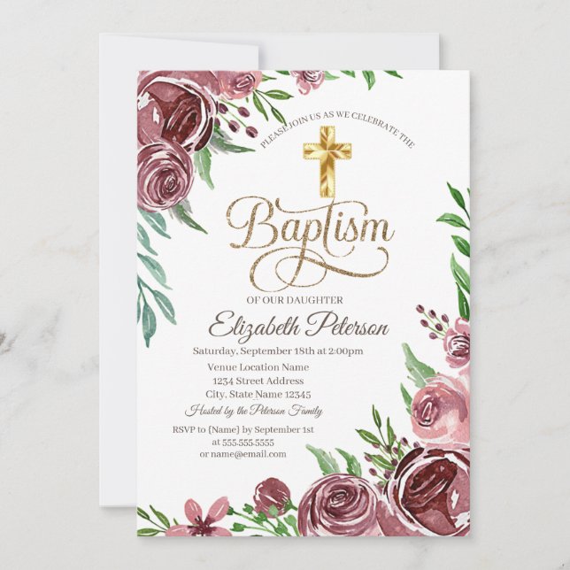 Elegant Gold Cross Burgundy Roses Baptism Invitation (Front)
