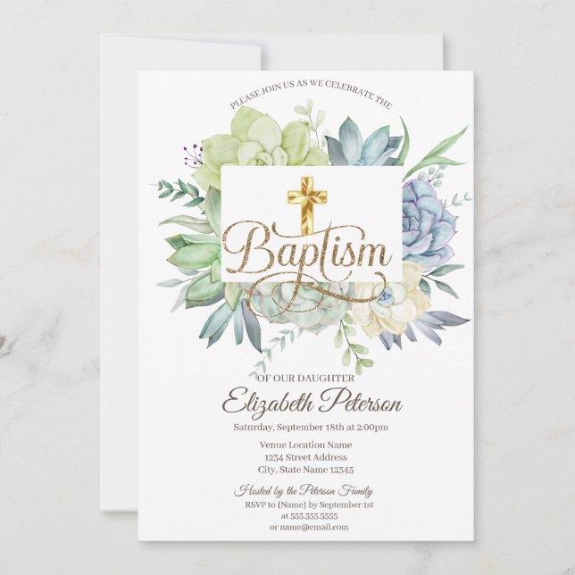 Elegant Gold Cross Cactus Succulents Polka Dots Invitation (Front)