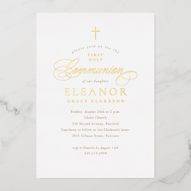 Elegant Gold Cross Calligraphy First Communion (Front)