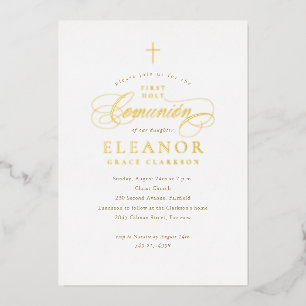 Elegant Gold Cross Calligraphy First Comunión