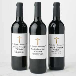 Elegant Gold Cross Celebration Of Life Funeral Wine Label