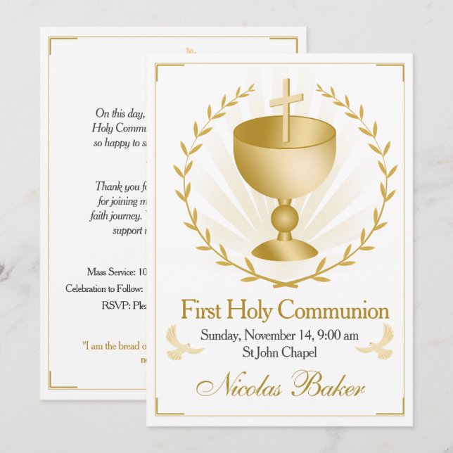 Elegant Gold Cross Chalice First Holy Communion Invitation (Front/Back)