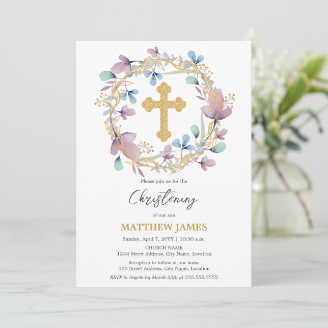 Elegant Gold Cross Christening Floral Invitation (Standing Front)