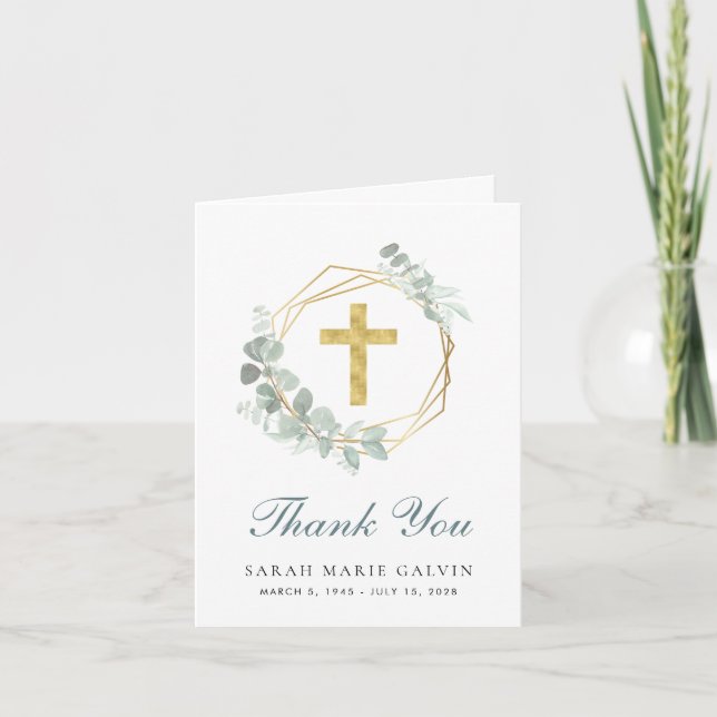 Elegant Gold Cross Eucalyptus Funeral Thank You Card (Front)