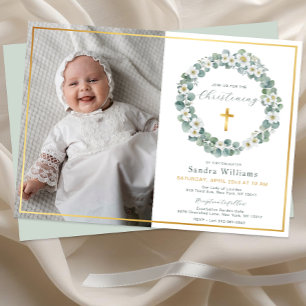 Elegant Gold Cross Eucalyptus Greenery Photo  Invitation
