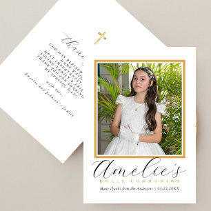 Elegant Gold Cross First Communion Photo Script Thank You Card
