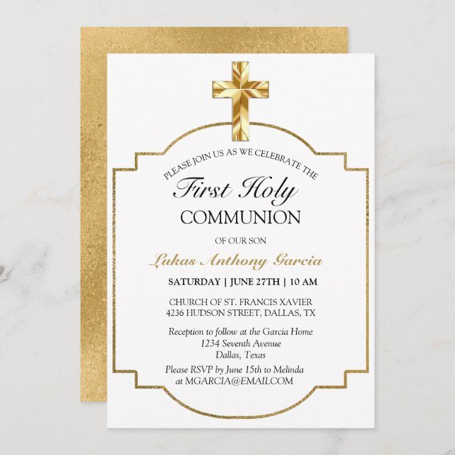 Elegant Gold Cross First Holy Communion Invitation (Front/Back)