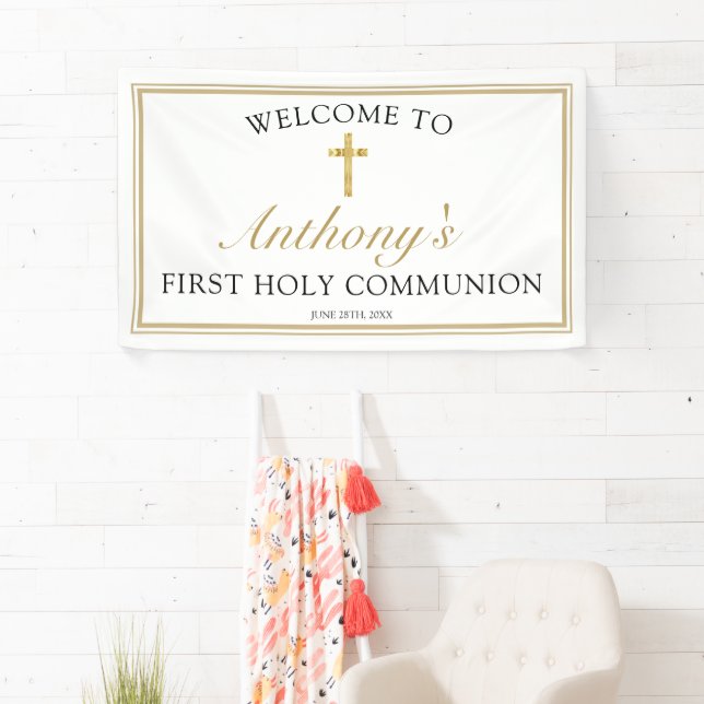 Elegant Gold Cross First Holy Communion Welcome Banner (Insitu)