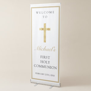 Elegant Gold Cross First Holy Communion White Retractable Banner