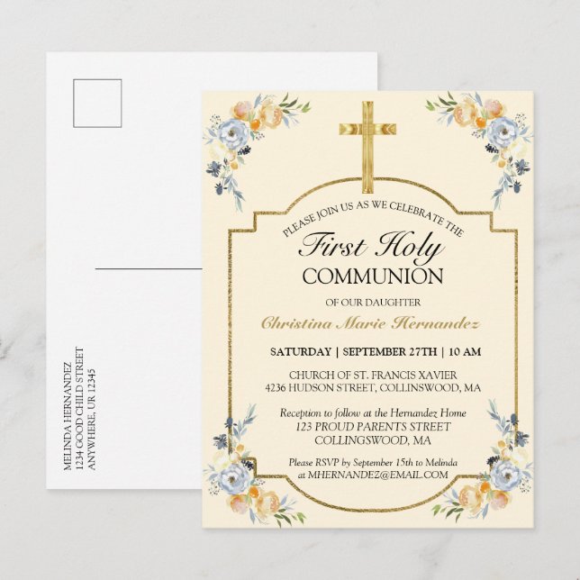 Elegant Gold Cross Floral 1st Holy Communion Invit Invitation Postcard (Front/Back)